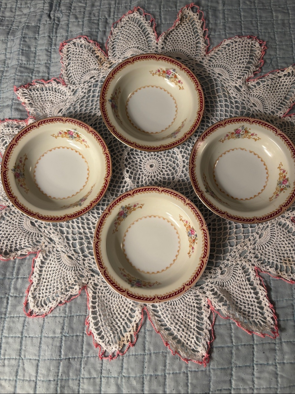 Classic Cream and Red Floral Ceramic Serving Bowls - Set of 4